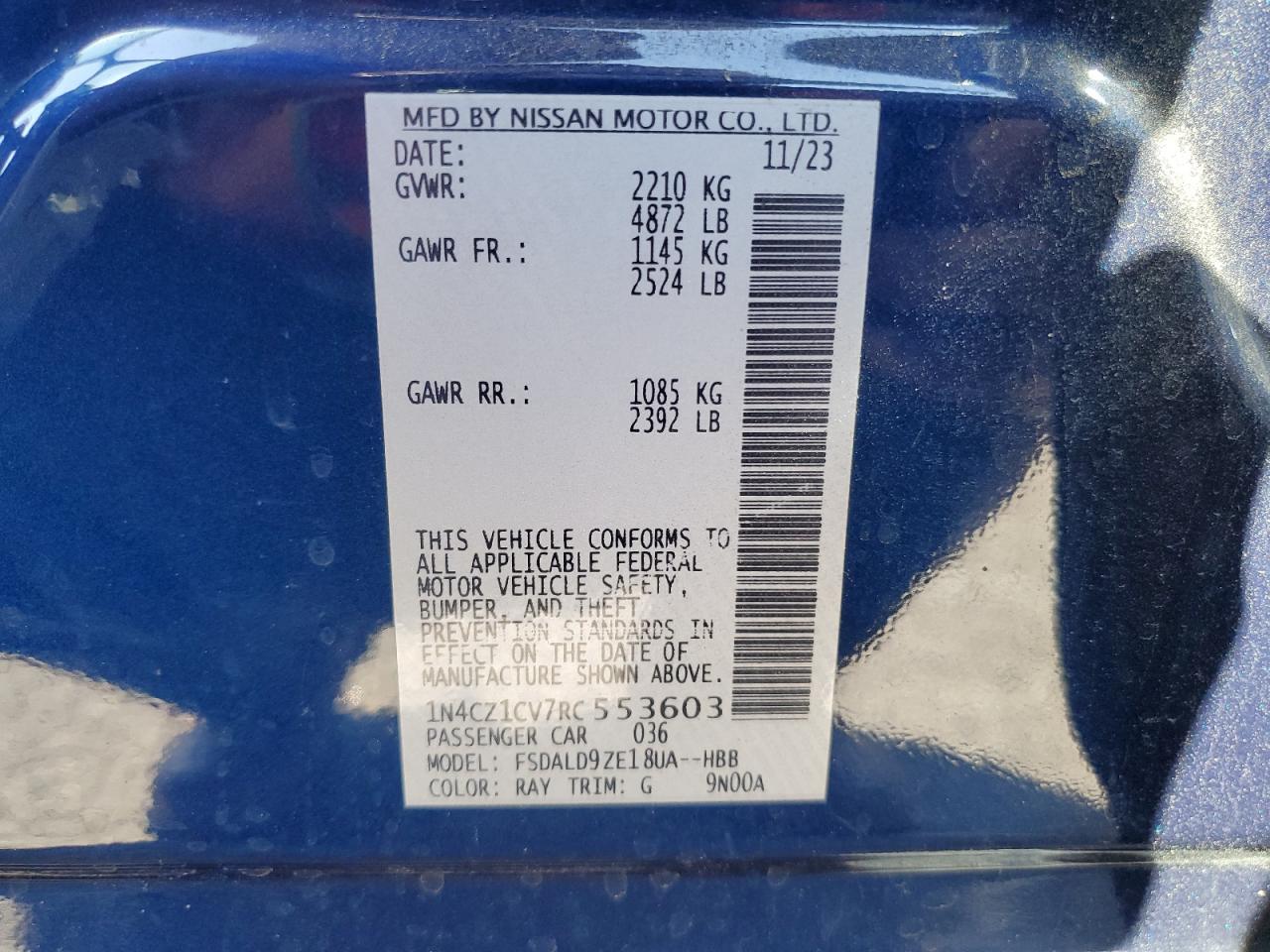 2024 Nissan Leaf Sv Plus VIN: 1N4CZ1CV7RC553603 Lot: 85583495