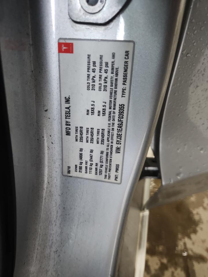 2018 Tesla Model 3 VIN: 5YJ3E1EA9JF039355 Lot: 90112165