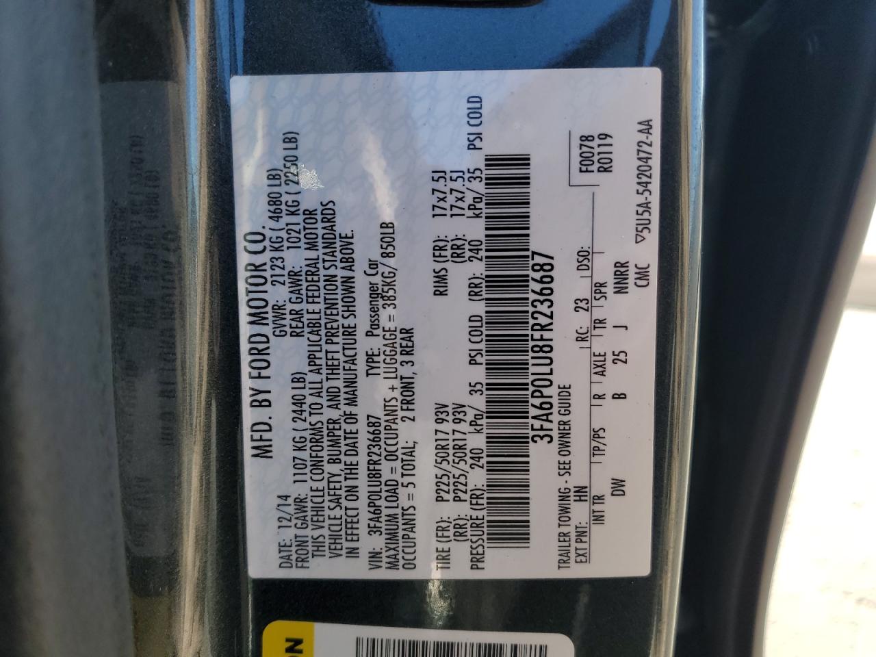 2015 Ford Fusion Se Hybrid VIN: 3FA6P0LU8FR236687 Lot: 82009085