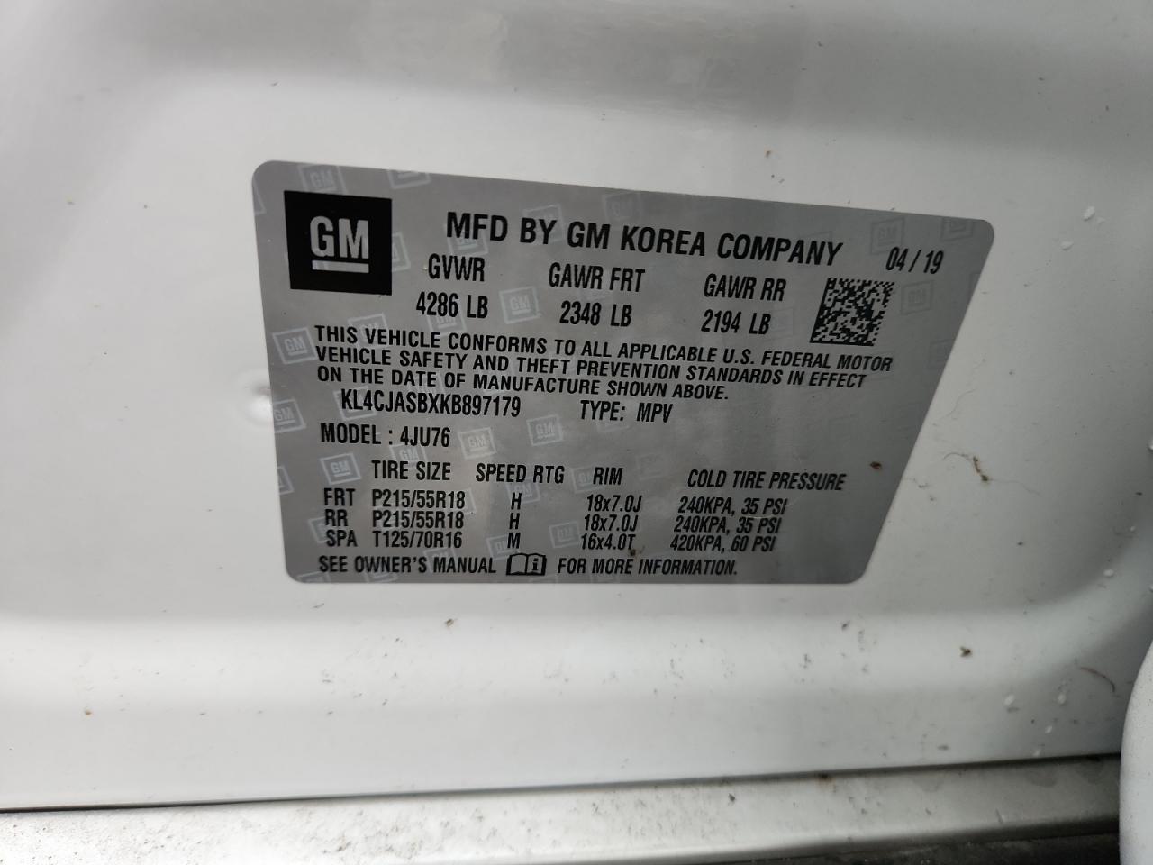 2019 Buick Encore Preferred VIN: KL4CJASBXKB897179 Lot: 86108655
