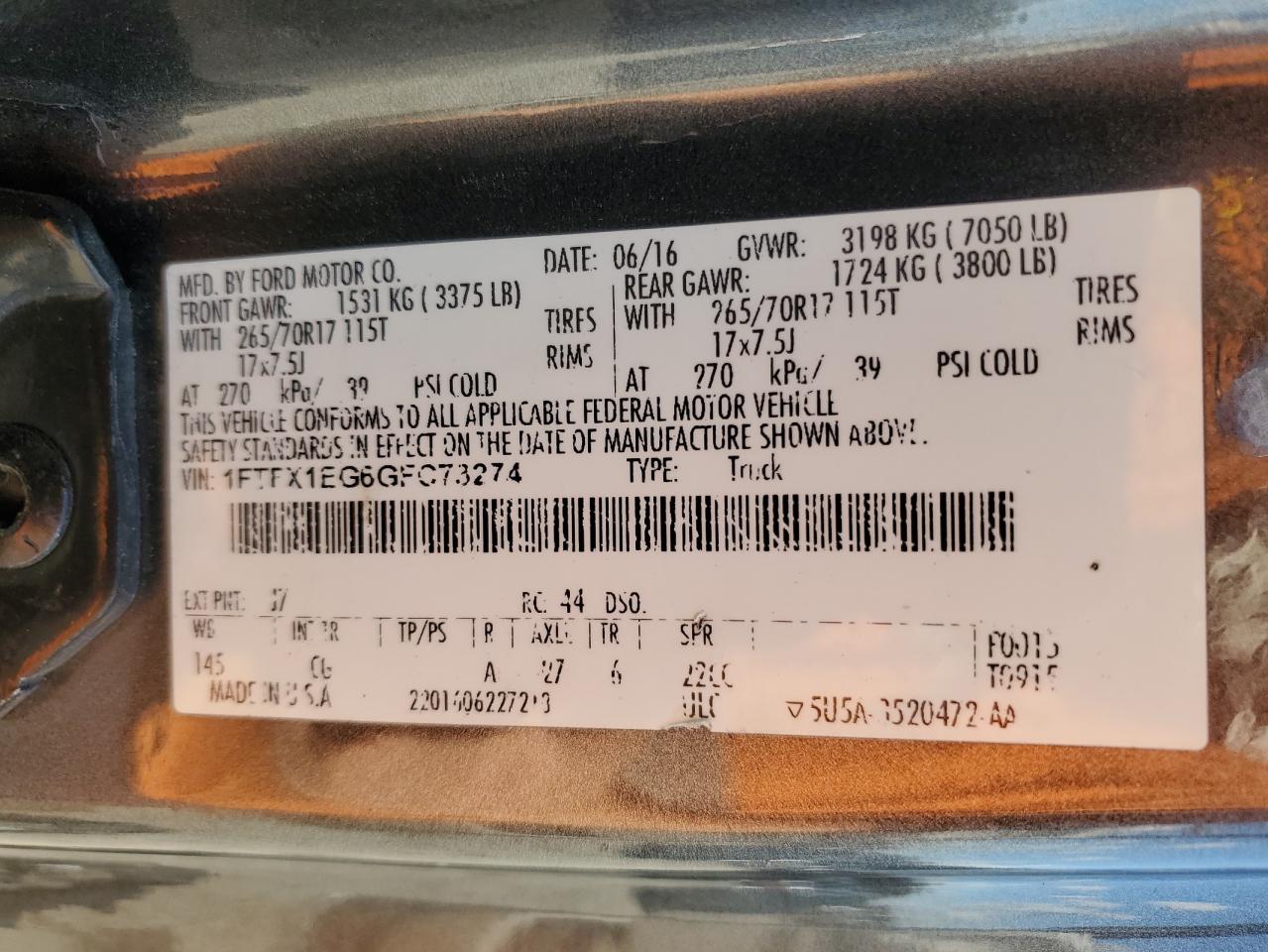 2016 Ford F150 Super Cab VIN: 1FTFX1EG6GFC73274 Lot: 90136855