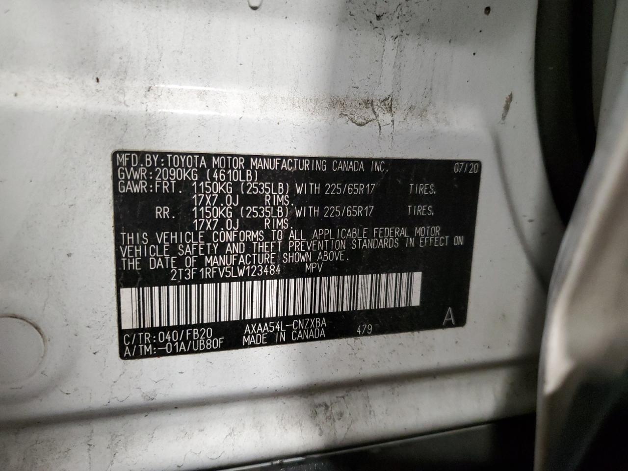 2020 Toyota Rav4 Le VIN: 2T3F1RFV5LW123484 Lot: 84755325