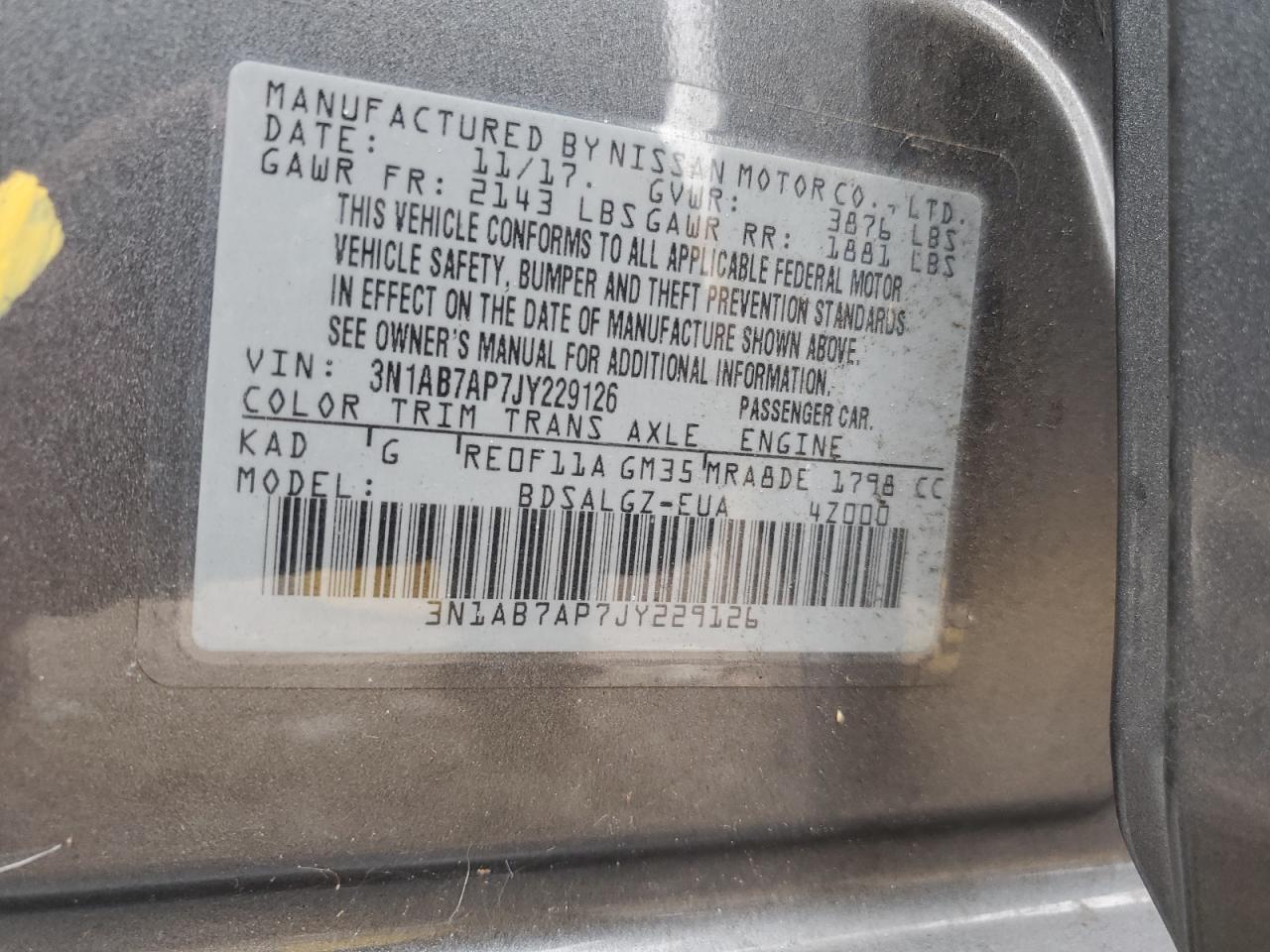 2018 Nissan Sentra S VIN: 3N1AB7AP7JY229126 Lot: 82457995