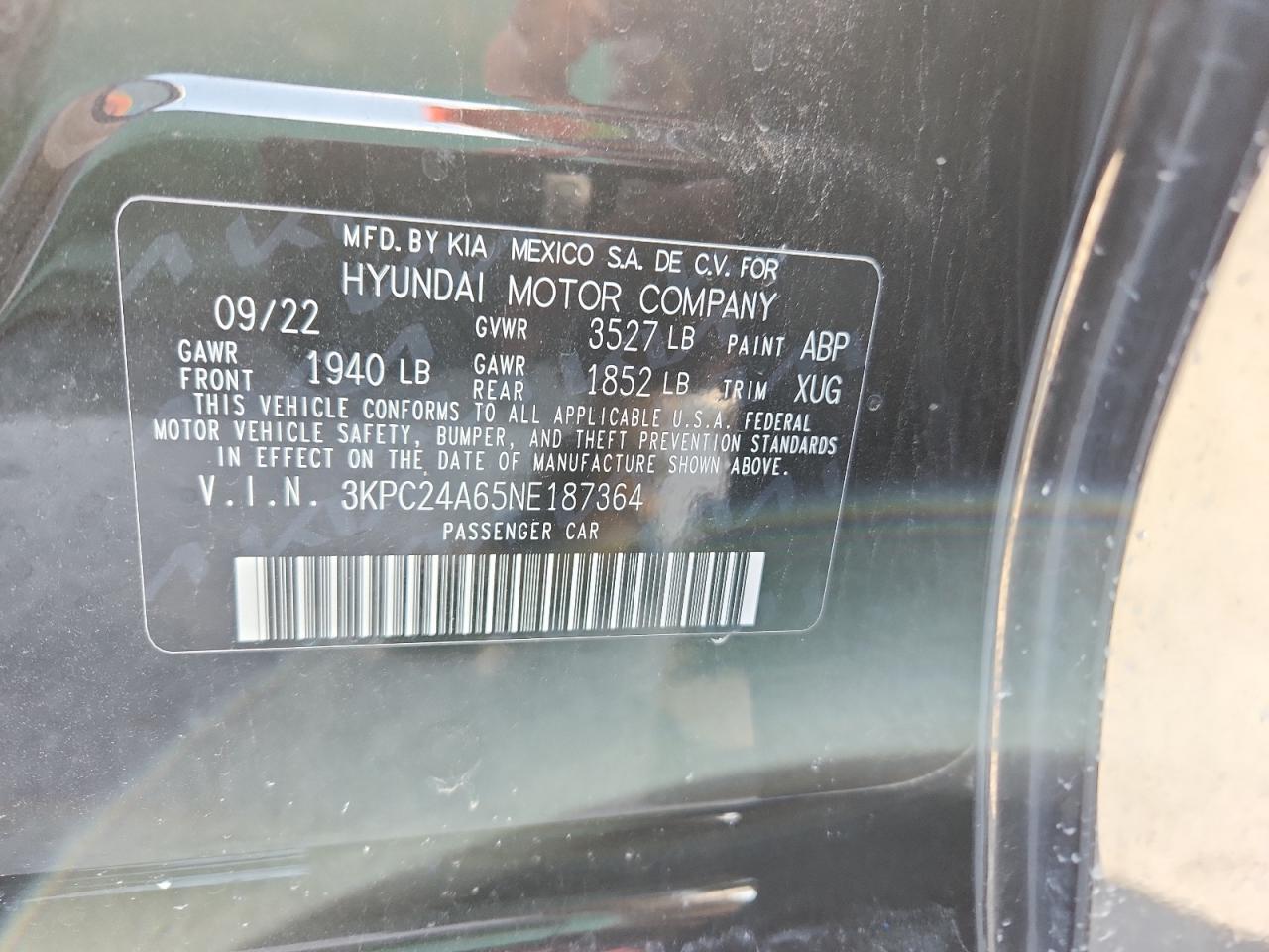 2022 Hyundai Accent Se VIN: 3KPC24A65NE187364 Lot: 90500755