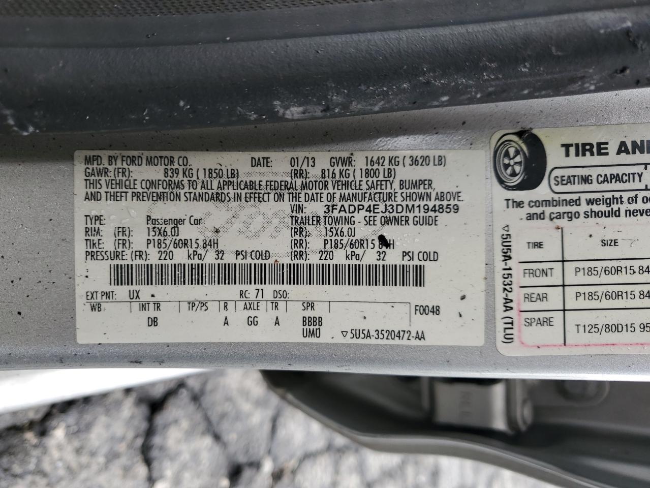 2013 Ford Fiesta Se VIN: 3FADP4EJ3DM194859 Lot: 85879905