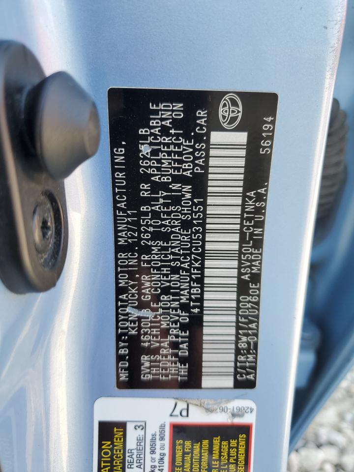 2012 Toyota Camry Base VIN: 4T1BF1FK7CU531551 Lot: 84990275