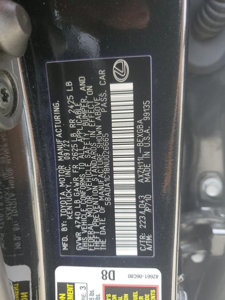 2022 Lexus Es 300H Base VIN: 58ADA1C18NU026665 Lot: 86245945