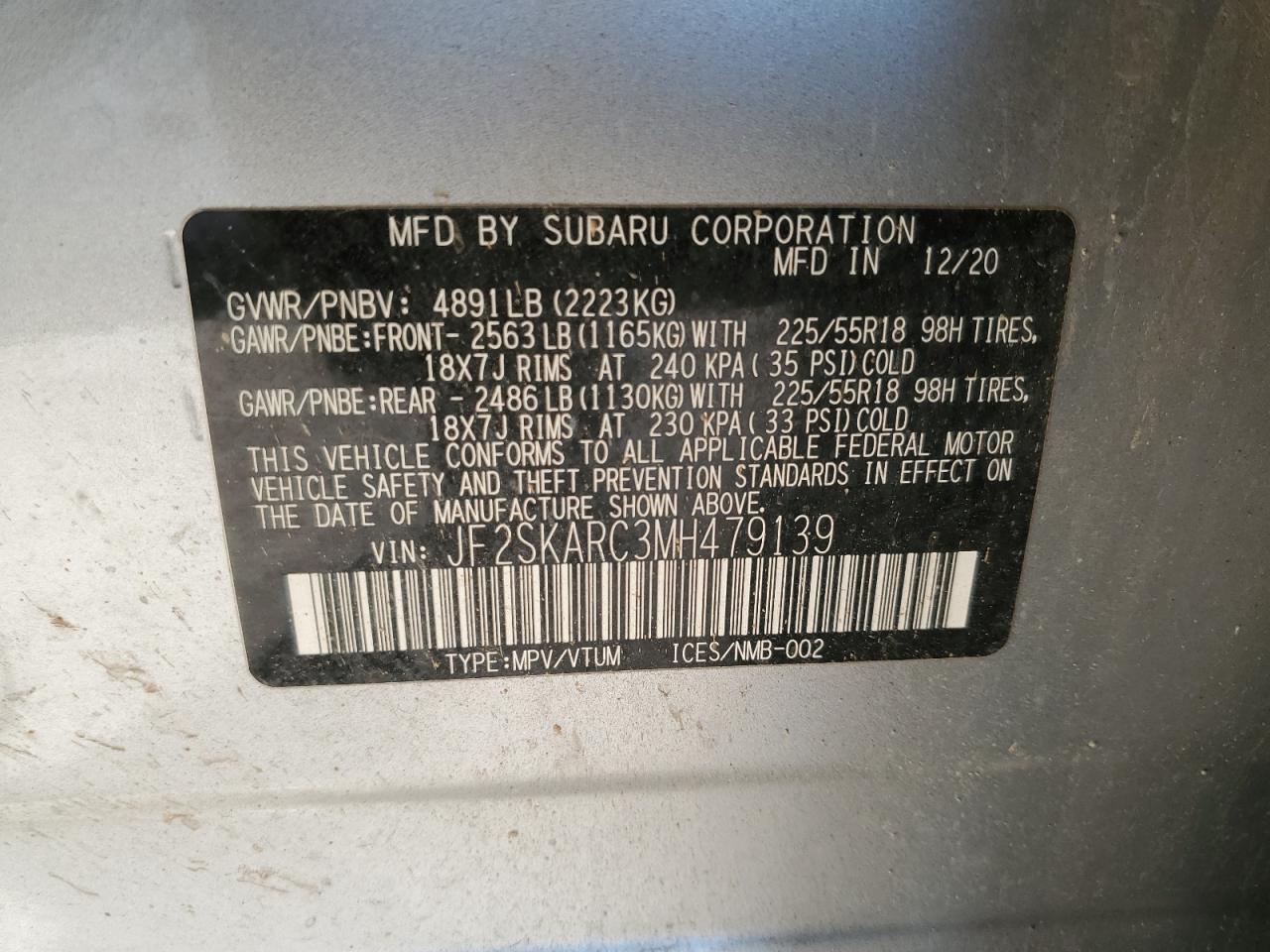 2021 Subaru Forester Sport VIN: JF2SKARC3MH479139 Lot: 87482615