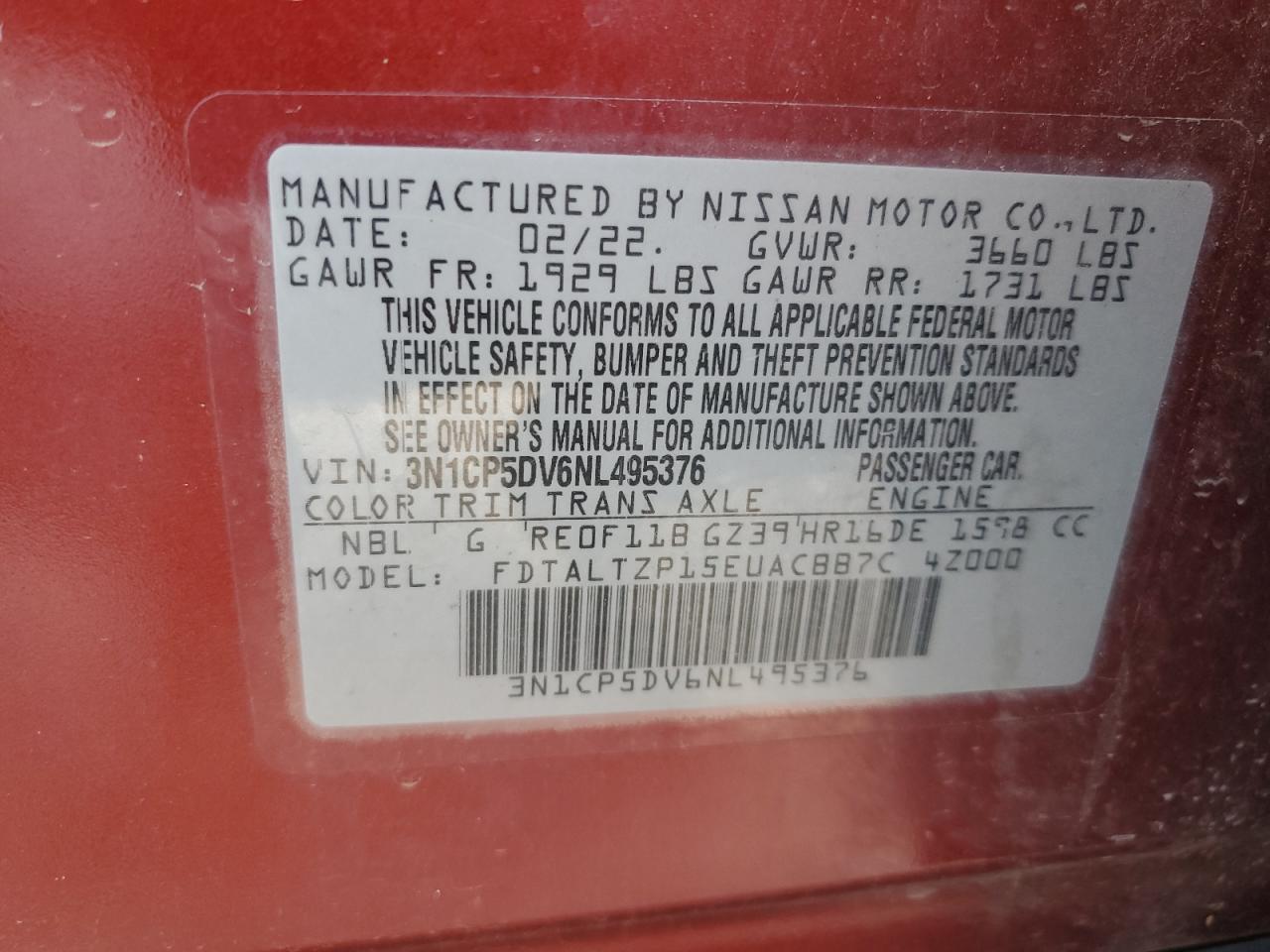 2022 Nissan Kicks Sr VIN: 3N1CP5DV6NL495376 Lot: 86143645