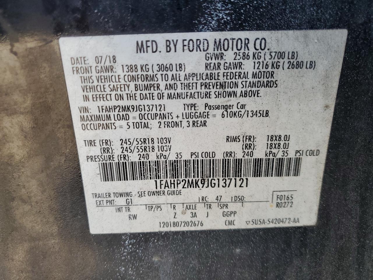 2018 Ford Taurus Police Interceptor VIN: 1FAHP2MK9JG137121 Lot: 84435285