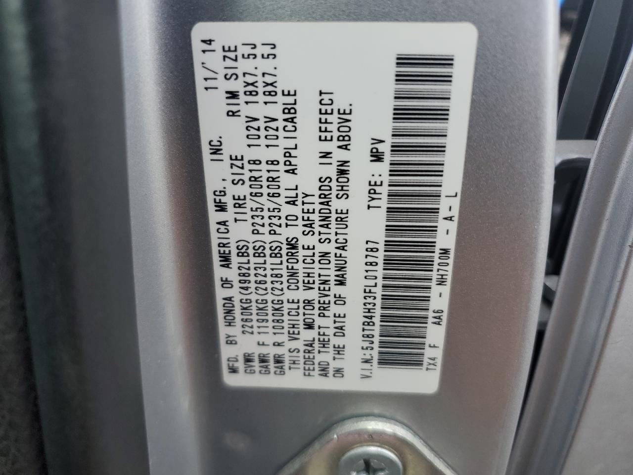 2015 Acura Rdx VIN: 5J8TB4H33FL018787 Lot: 82594725