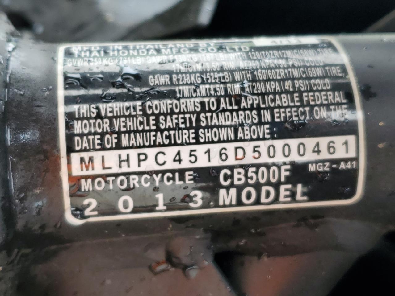 2013 Honda Cb500 F VIN: MLHPC4516D5000461 Lot: 90229335