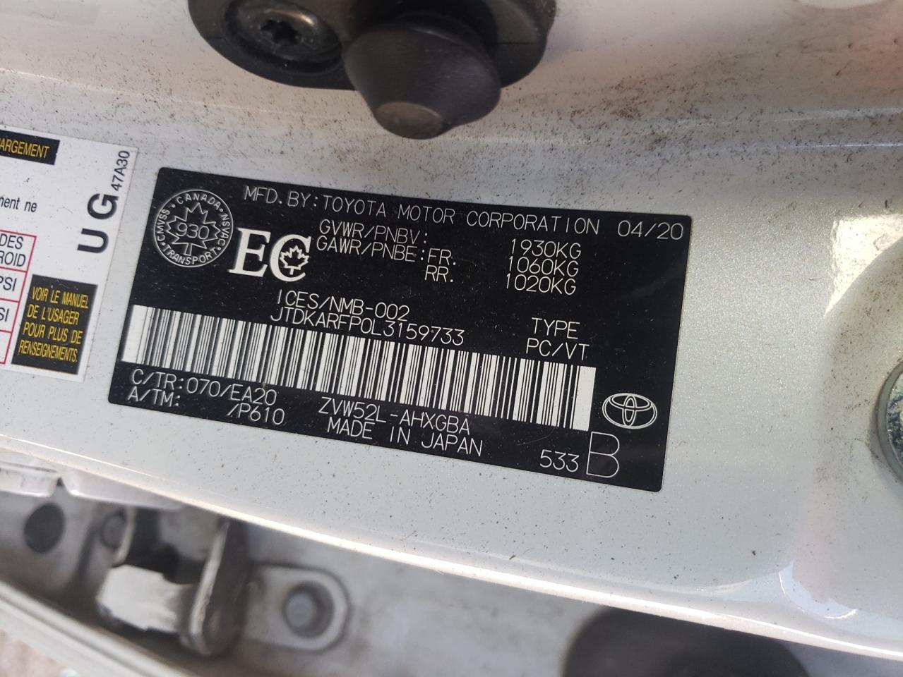 2020 Toyota Prius Prime Le VIN: JTDKARFP0L3159733 Lot: 85476325