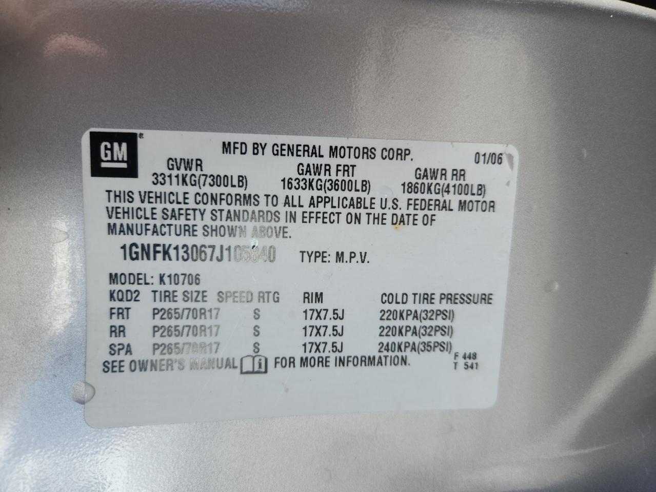 2007 Chevrolet Tahoe K1500 VIN: 1GNFK13067J105840 Lot: 84810615