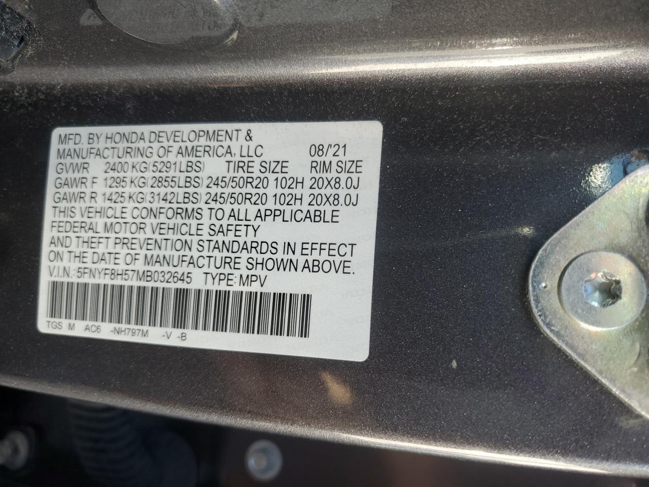 2021 Honda Passport Exl VIN: 5FNYF8H57MB032645 Lot: 86804715
