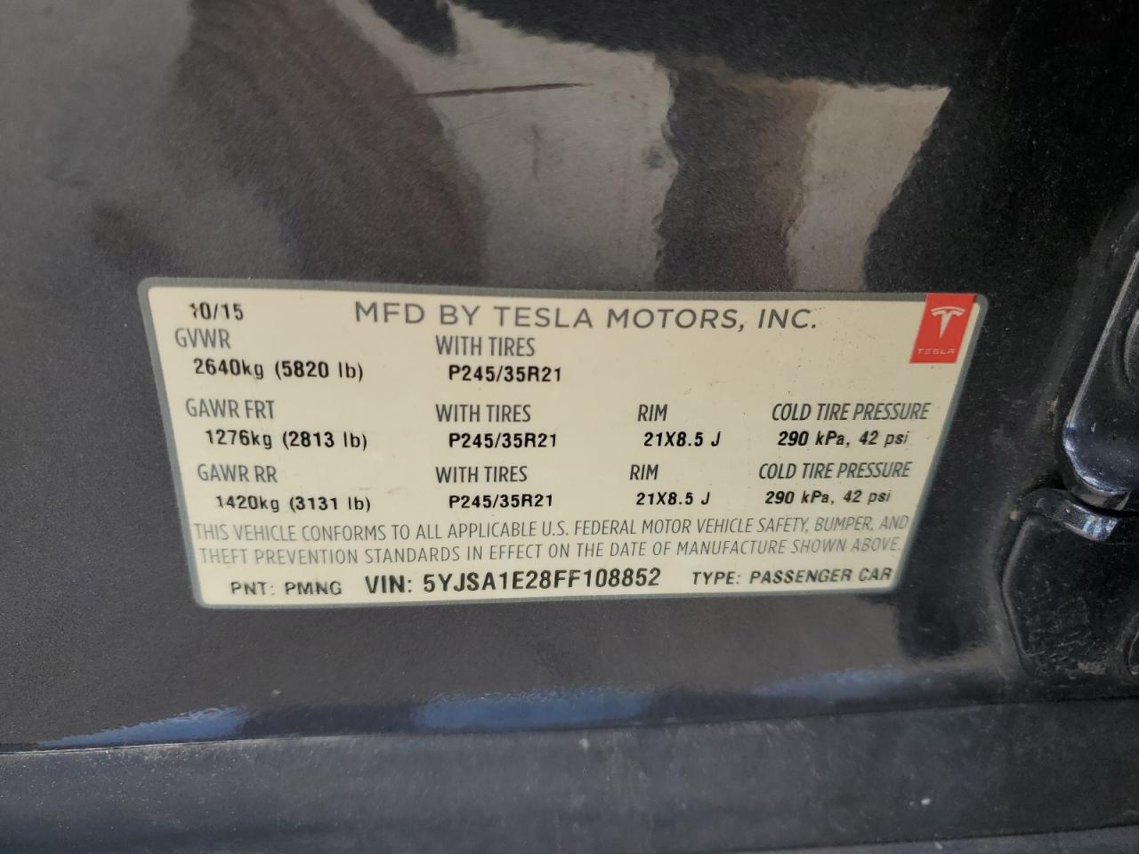 2015 Tesla Model S VIN: 5YJSA1E28FF108852 Lot: 82282845