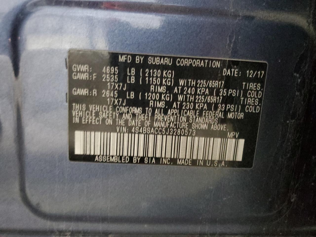 2018 Subaru Outback 2.5I Premium VIN: 4S4BSACC5J3280573 Lot: 82488885