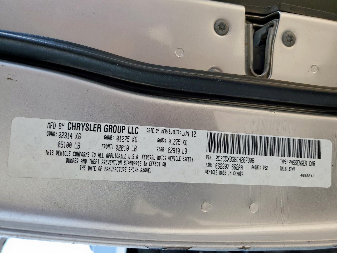 2012 Dodge Charger Se VIN: 2C3CDXBG8CH287306 Lot: 84903545