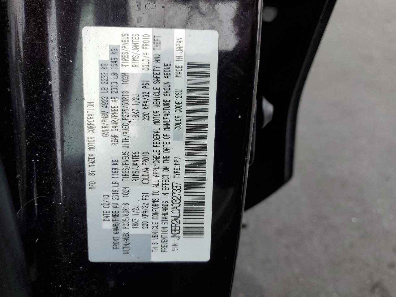 2010 Mazda Cx-7 VIN: JM3ER2WL0A0327337 Lot: 90348395