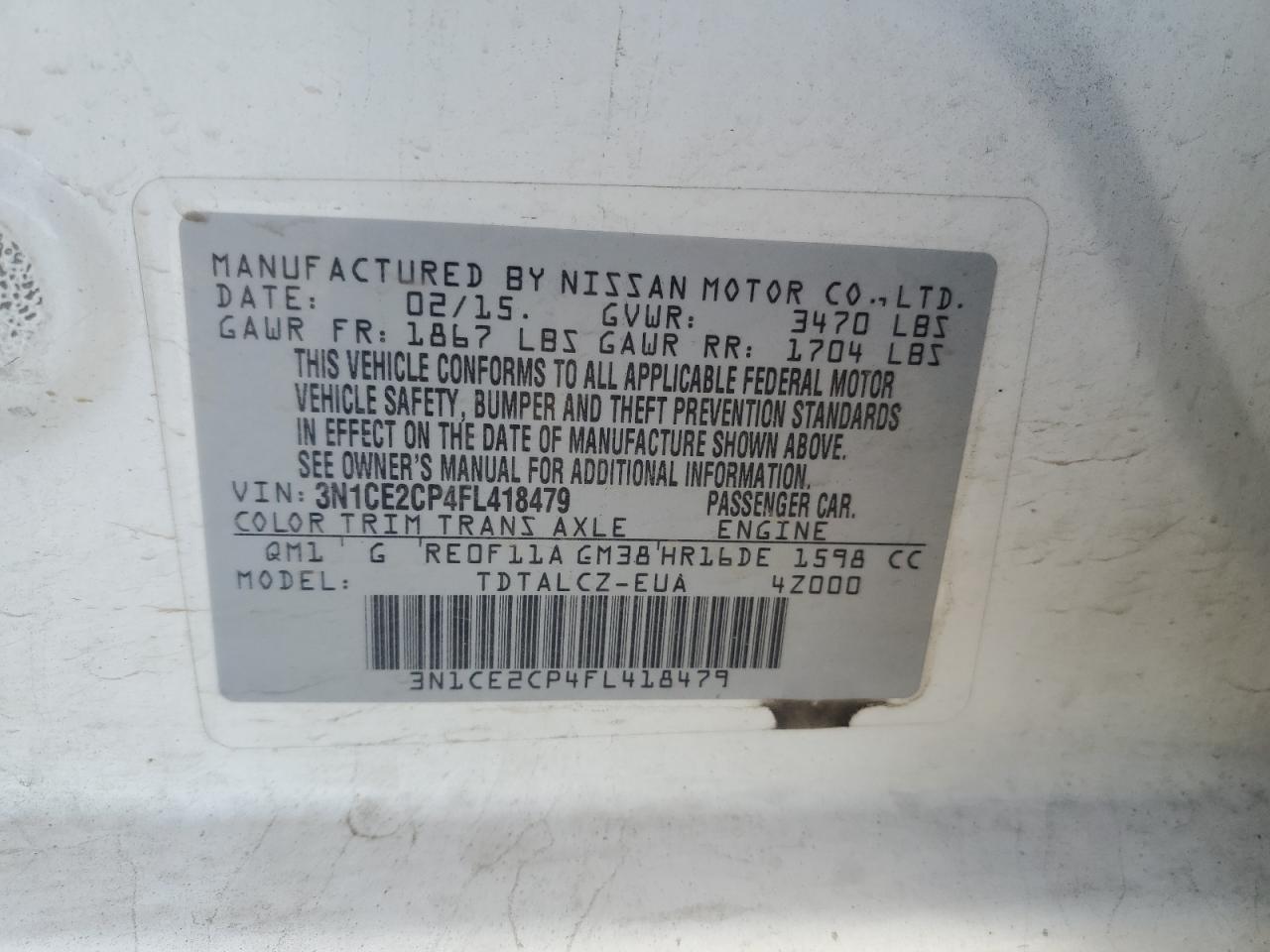 2015 Nissan Versa Note S VIN: 3N1CE2CP4FL418479 Lot: 85133515