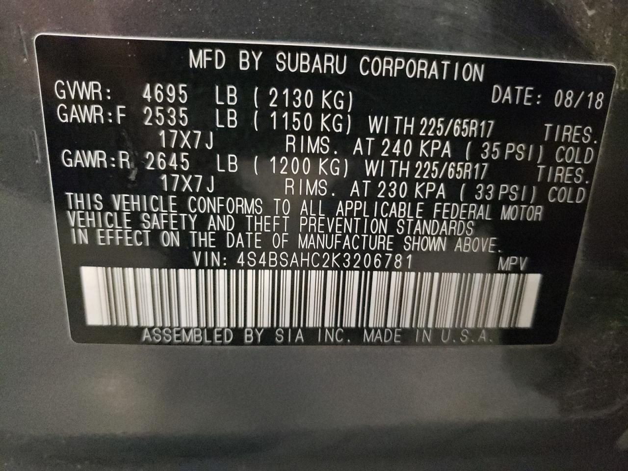 2019 Subaru Outback 2.5I Premium VIN: 4S4BSAHC2K3206781 Lot: 86247275