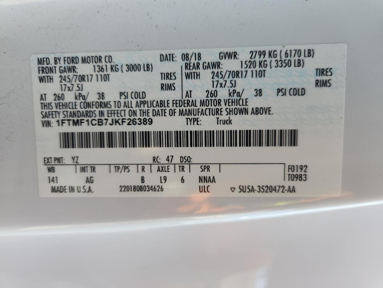 2018 Ford F150 VIN: 1FTMF1CB7JKF26389 Lot: 84941915