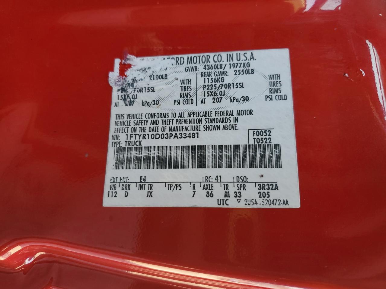 2003 Ford Ranger VIN: 1FTYR10D03PA33481 Lot: 86305345