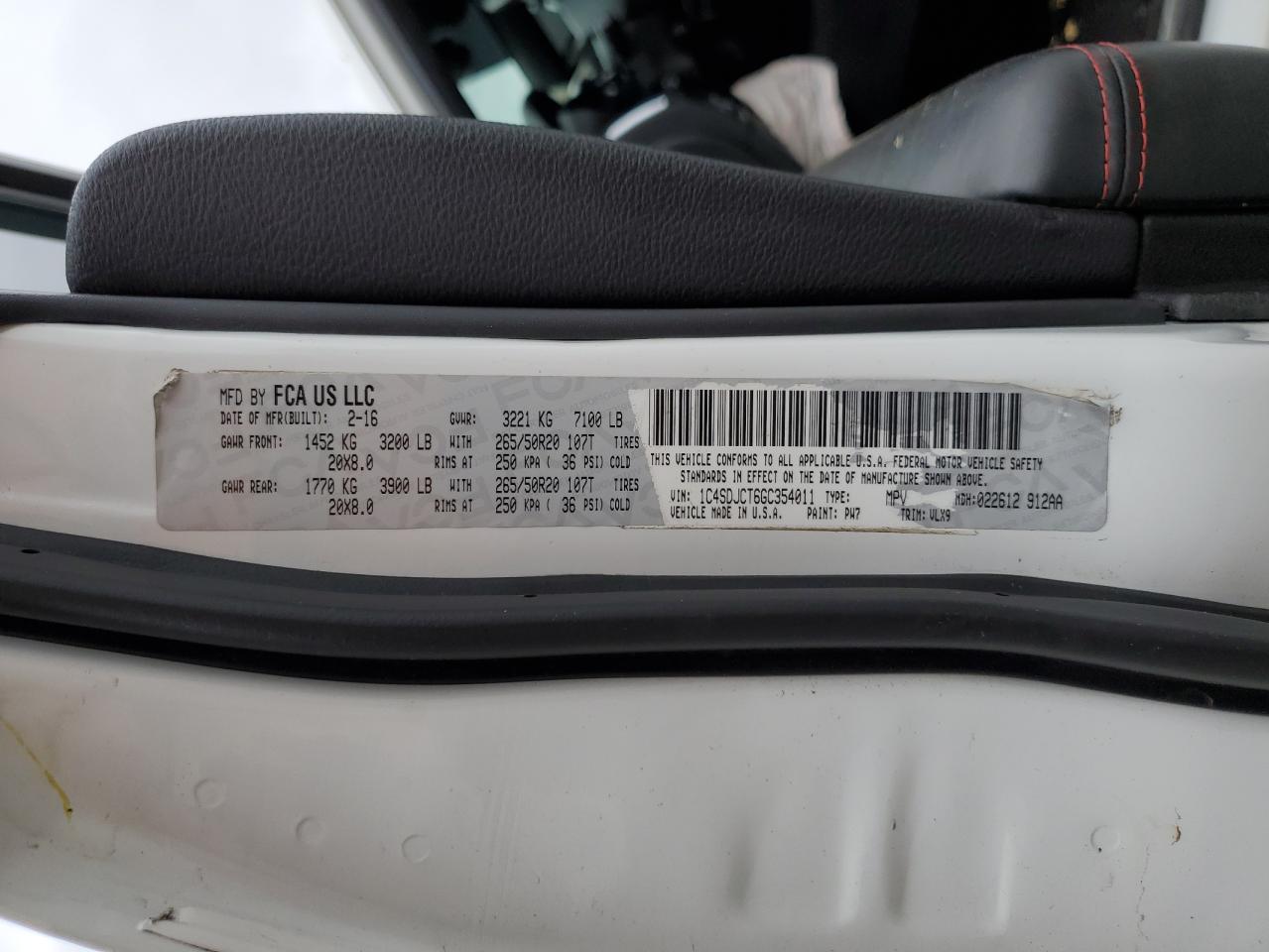 2016 Dodge Durango R/T VIN: 1C4SDJCT6GC354011 Lot: 90786365