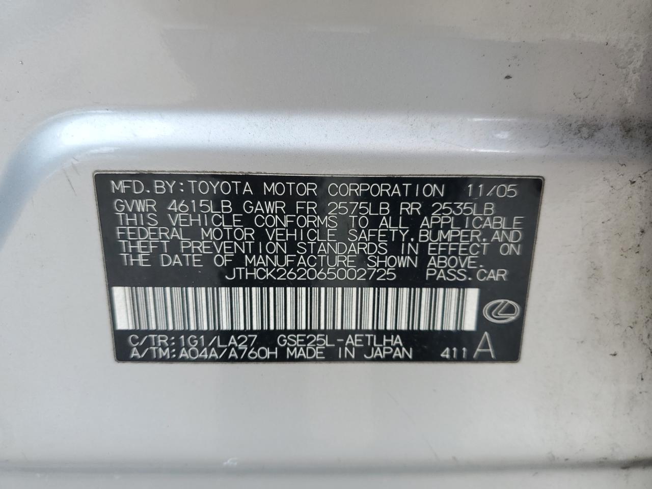 2006 Lexus Is 250 VIN: JTHCK262065002725 Lot: 90100815