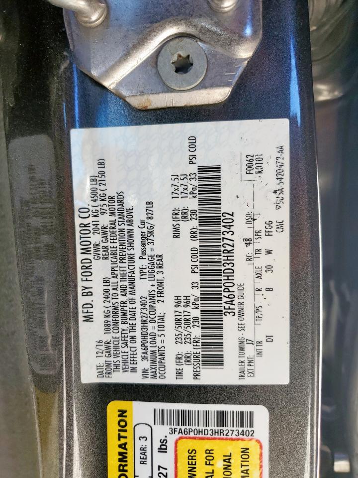 2017 Ford Fusion Se VIN: 3FA6P0HD3HR273402 Lot: 90458705