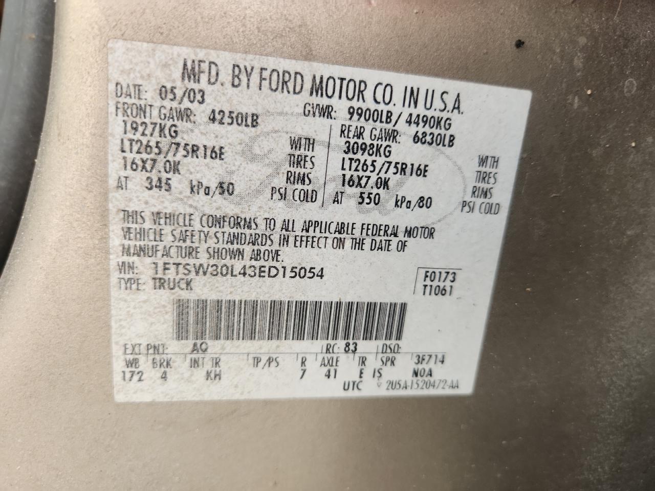 2003 Ford F350 Srw Super Duty VIN: 1FTSW30L43ED15054 Lot: 85266925