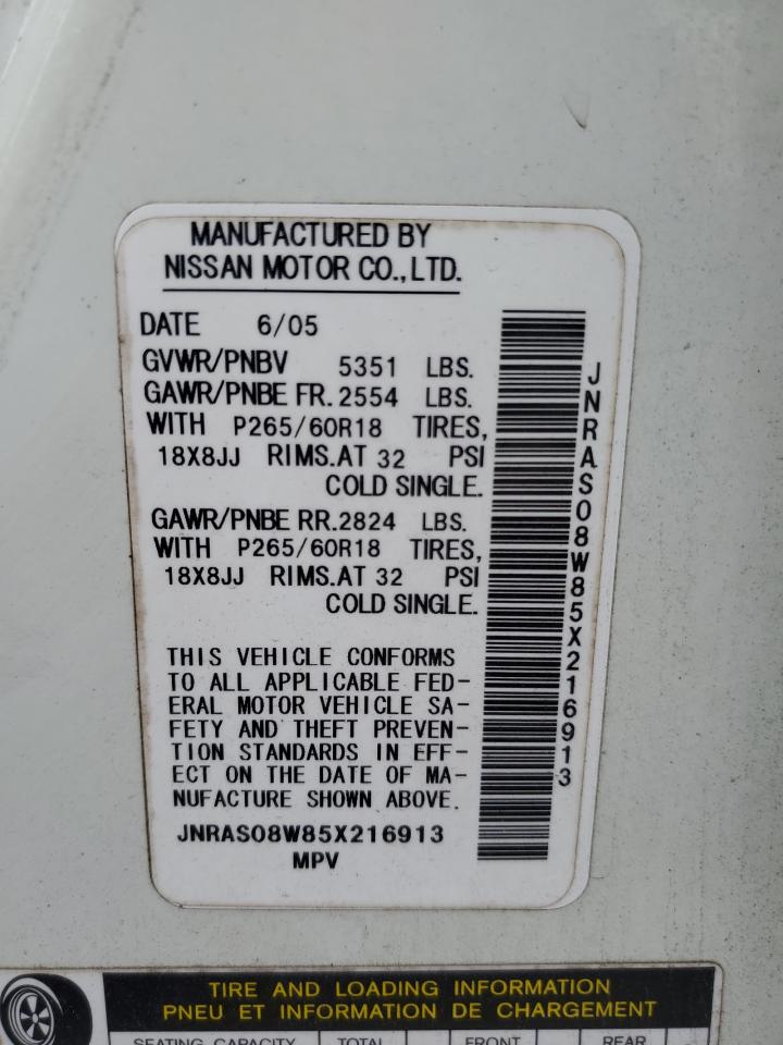 2005 Infiniti Fx35 VIN: JNRAS08W85X216913 Lot: 89675115