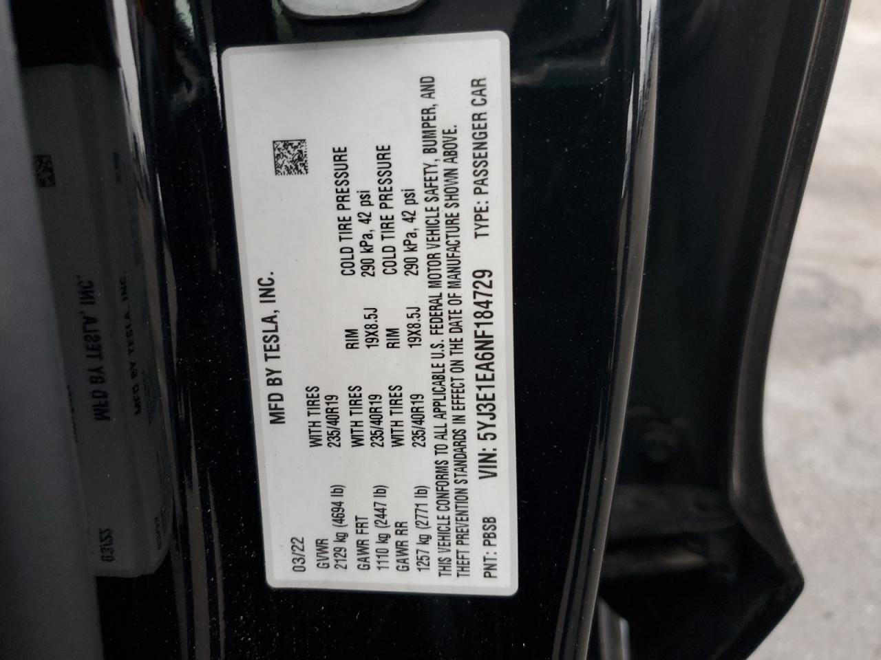 2022 Tesla Model 3 VIN: 5YJ3E1EA6NF184729 Lot: 84641905
