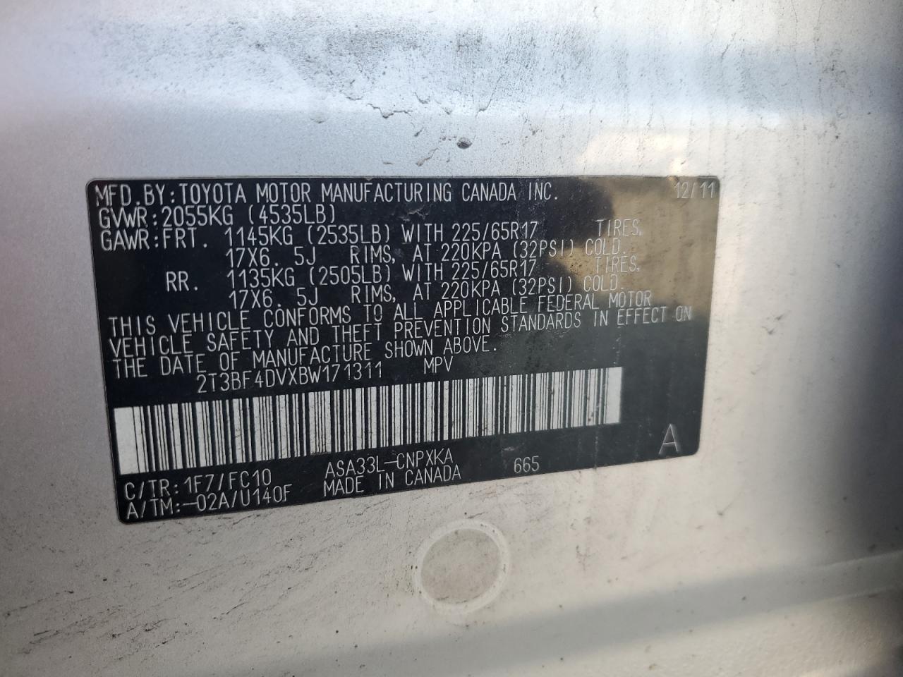 2011 Toyota Rav4 VIN: 2T3BF4DVXBW171311 Lot: 85295005