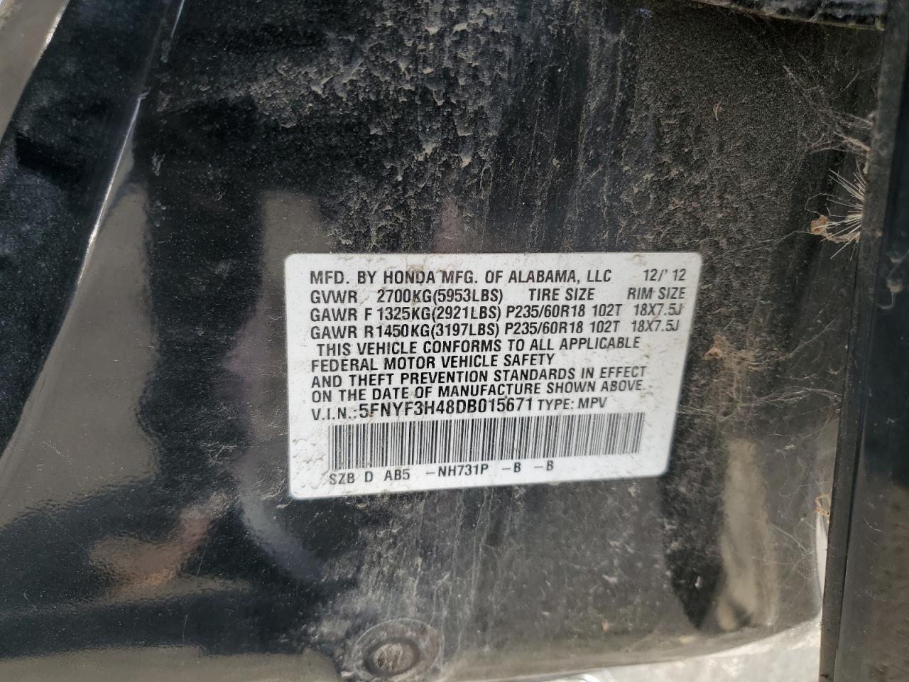 2013 Honda Pilot Ex VIN: 5FNYF3H48DB015671 Lot: 85340935