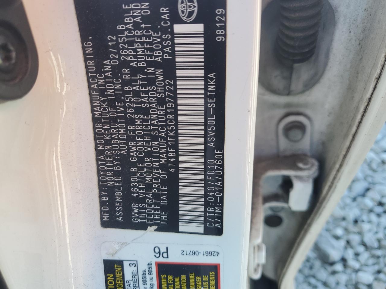 2012 Toyota Camry Base VIN: 4T4BF1FK5CR197722 Lot: 82649895