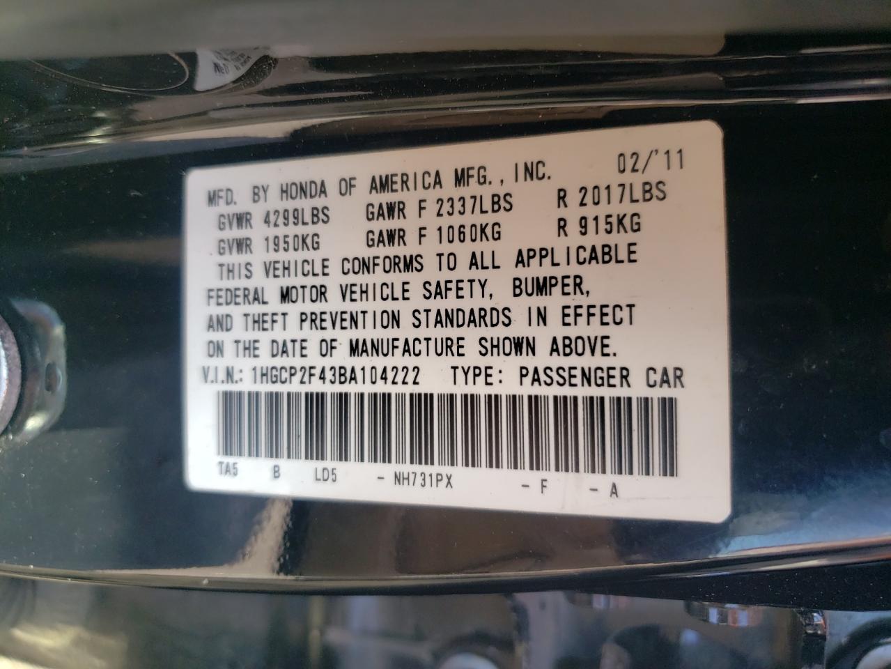 2011 Honda Accord Lxp VIN: 1HGCP2F43BA104222 Lot: 85323455