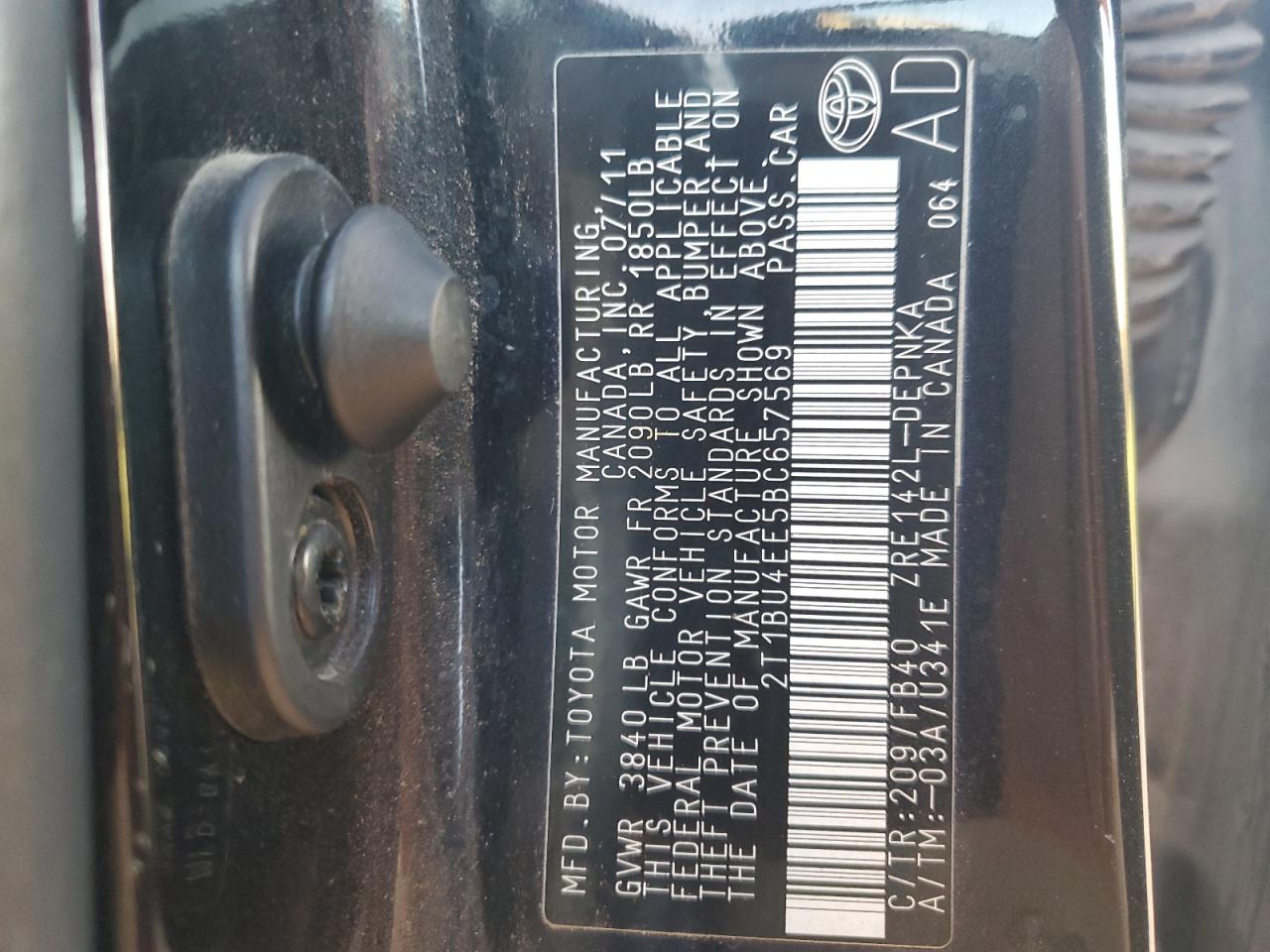 2011 Toyota Corolla Base VIN: 2T1BU4EE5BC657569 Lot: 85179615