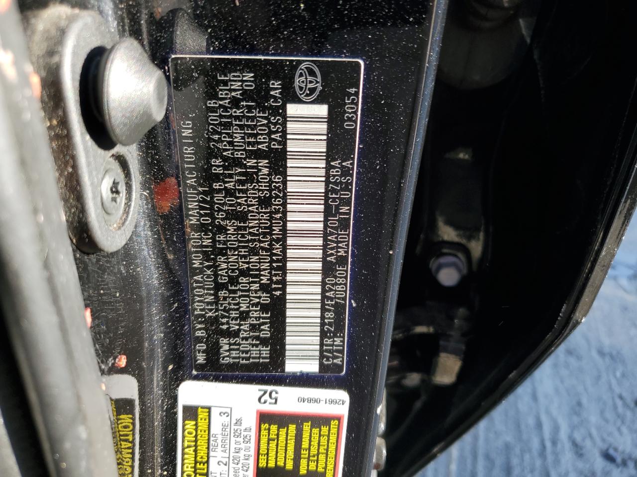 2021 Toyota Camry Se VIN: 4T1T11AK1MU436236 Lot: 85370335