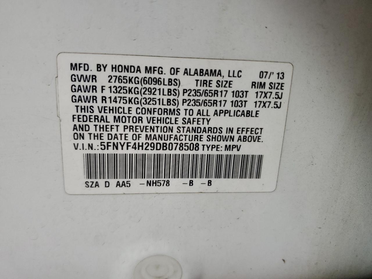 2013 Honda Pilot Lx VIN: 5FNYF4H29DB078508 Lot: 82355765