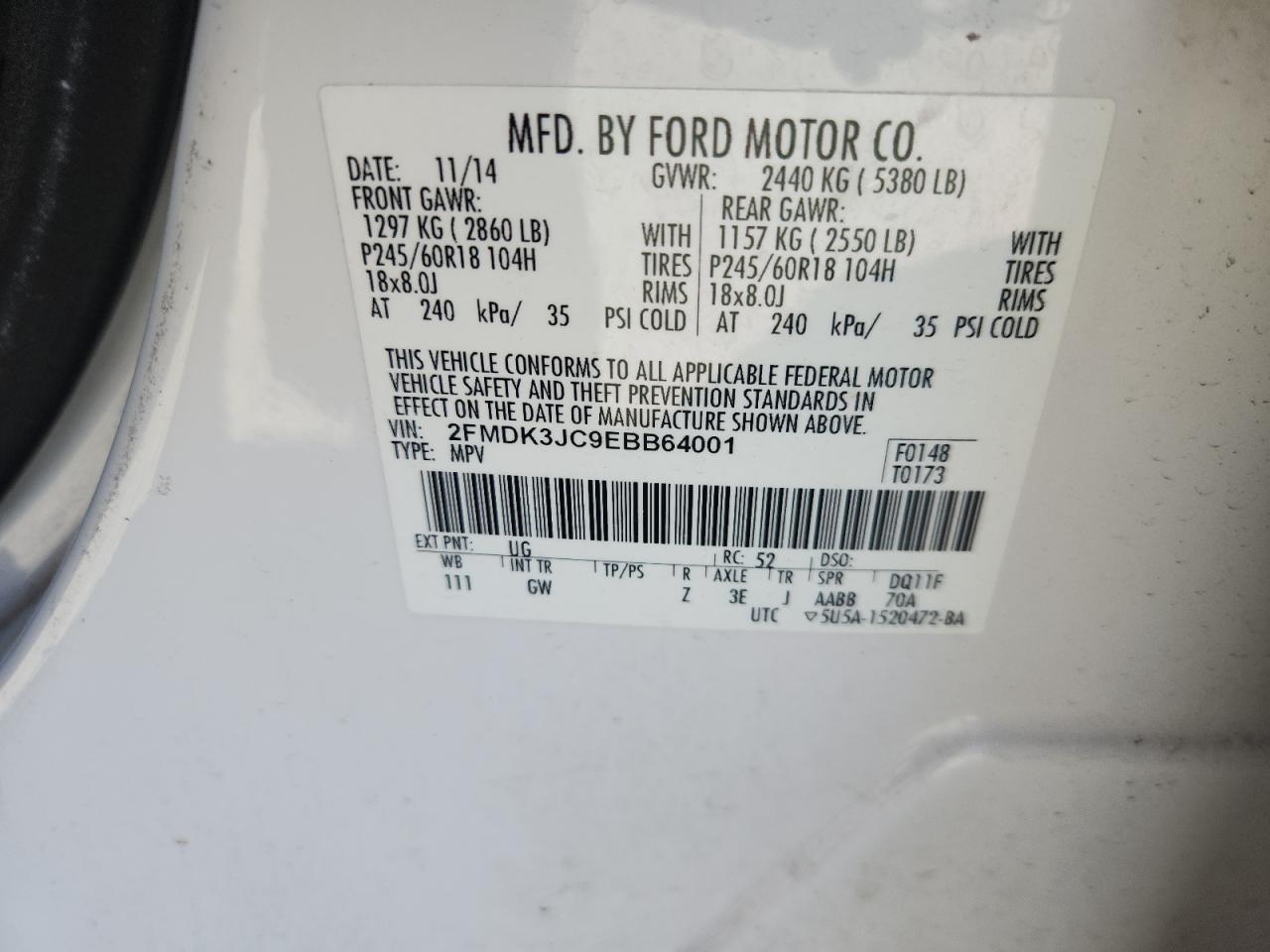 2014 Ford Edge Sel VIN: 2FMDK3JC9EBB64001 Lot: 82486335