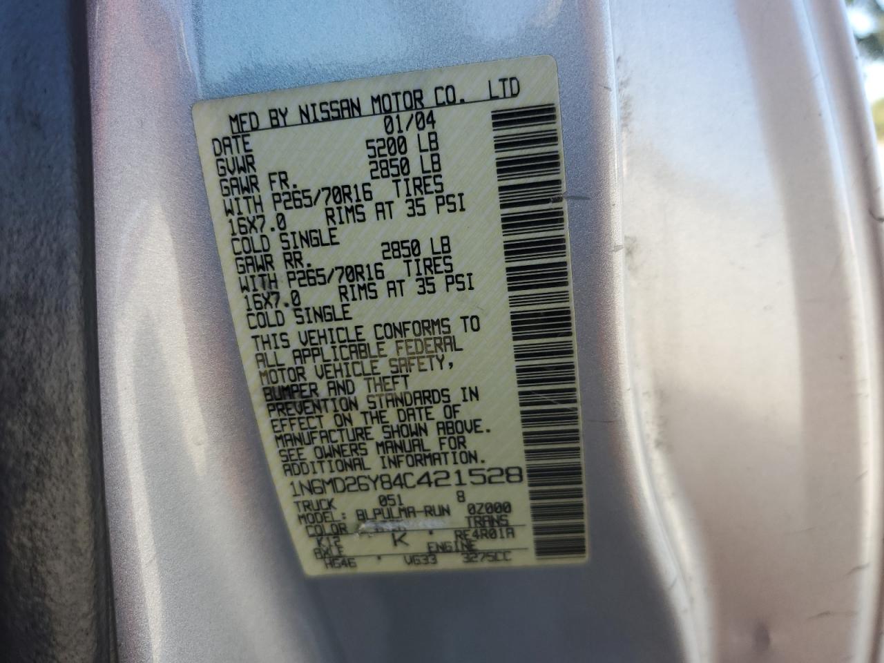 2004 Nissan Frontier King Cab Sc VIN: 1N6MD26Y84C421528 Lot: 82406185