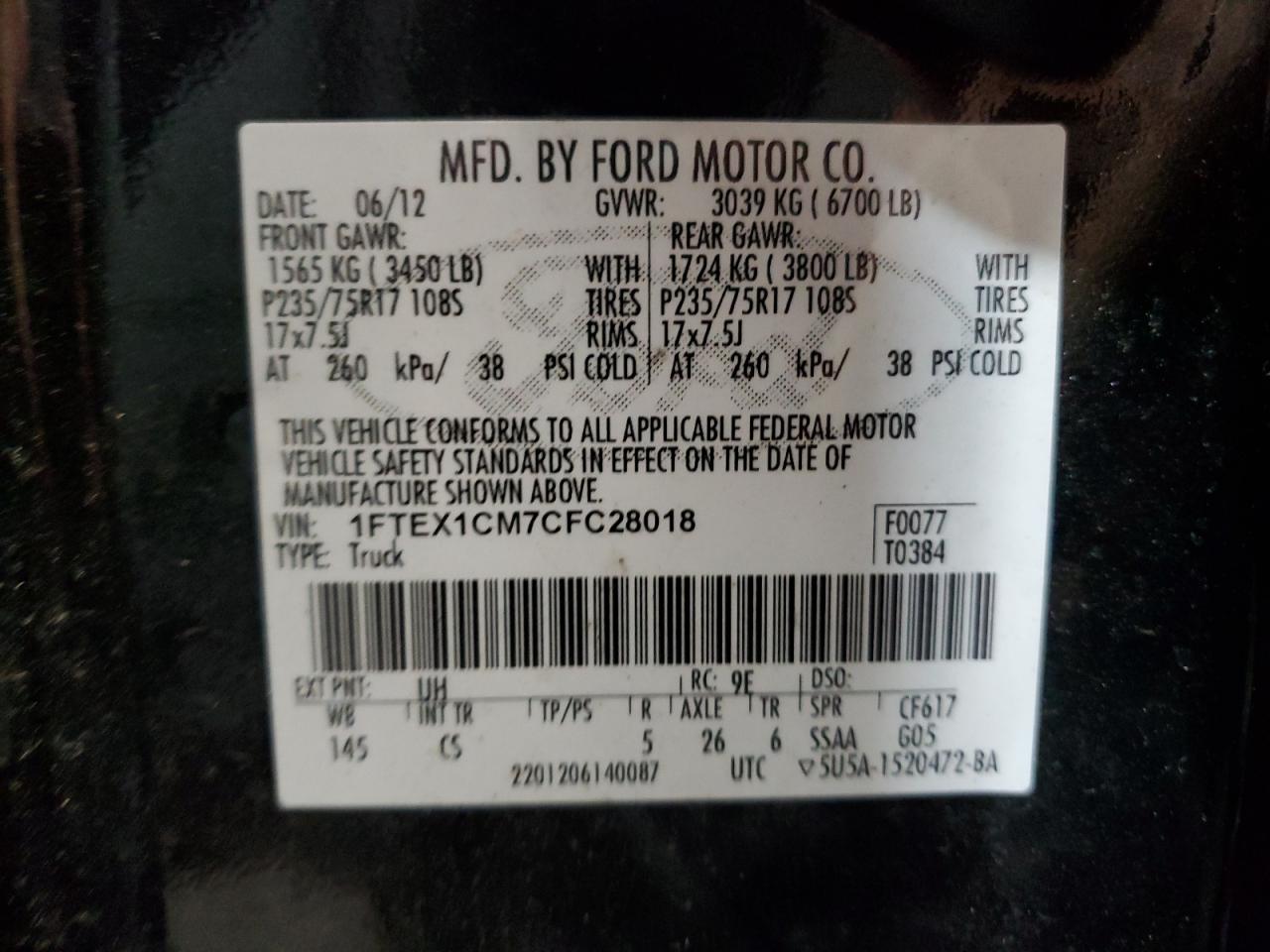 2012 Ford F150 Super Cab VIN: 1FTEX1CM7CFC28018 Lot: 89841175