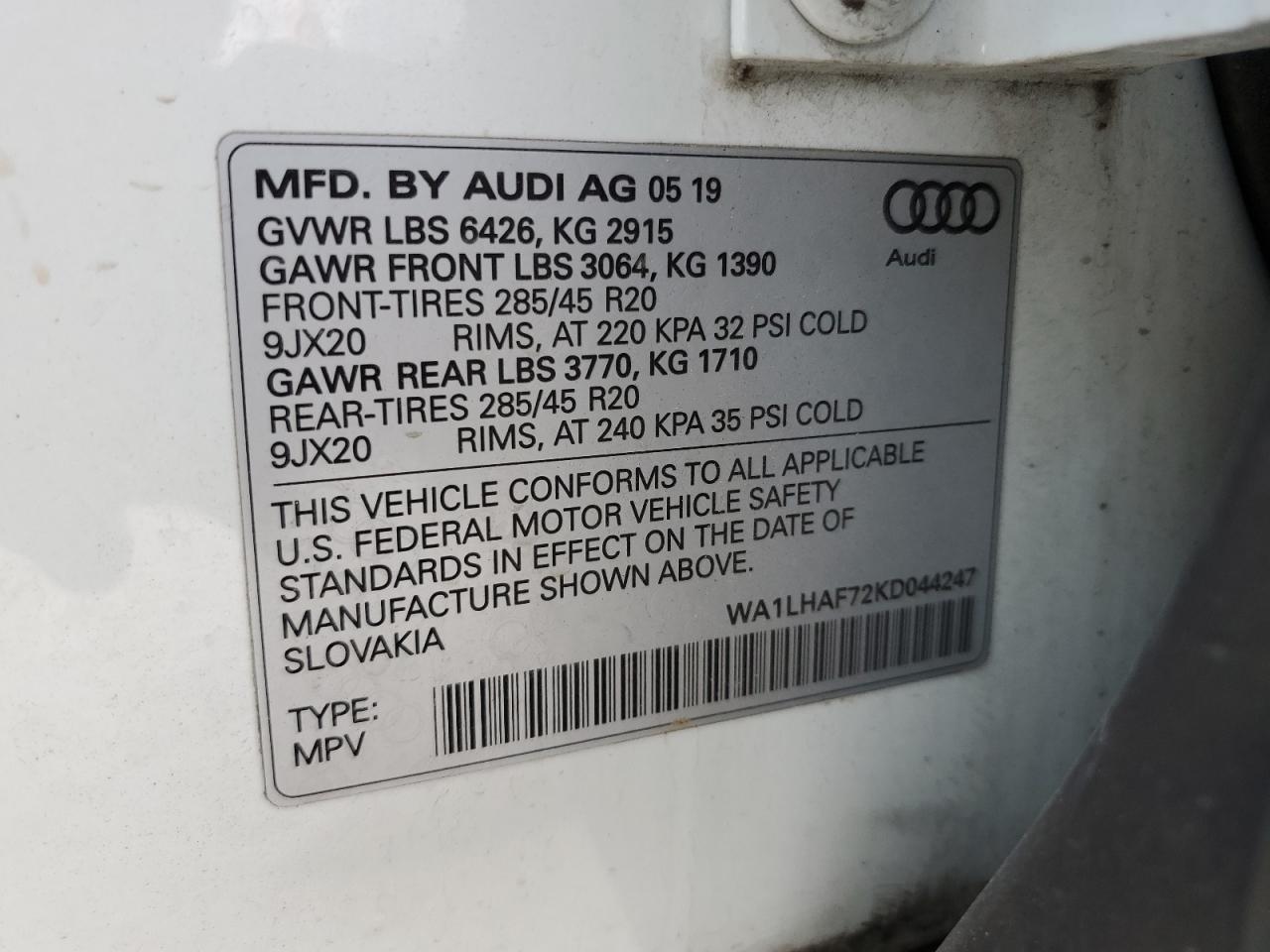 2019 Audi Q7 Premium Plus VIN: WA1LHAF72KD044247 Lot: 82551235