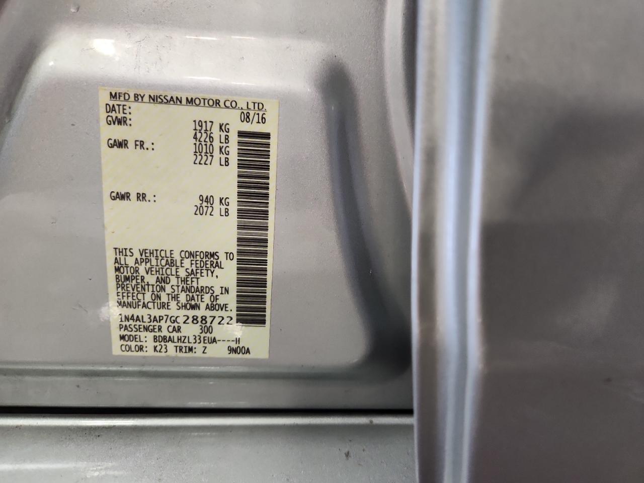 2016 Nissan Altima 2.5 VIN: 1N4AL3AP7GC288722 Lot: 86448315