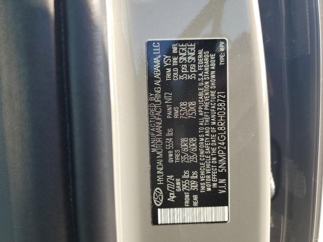 2024 Hyundai Santa Fe Sel VIN: 5NMP24GL8RH038721 Lot: 82407935