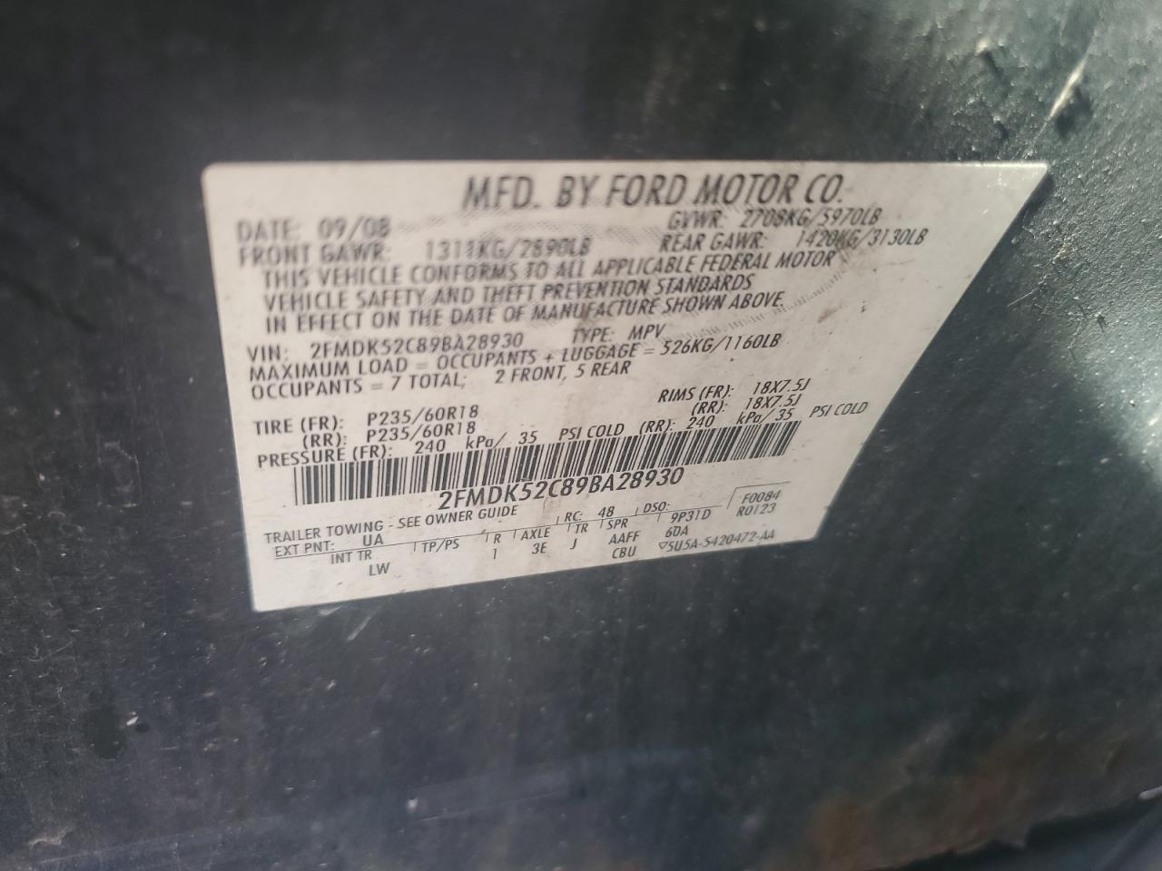 2009 Ford Flex Sel VIN: 2FMDK52C89BA28930 Lot: 85156805