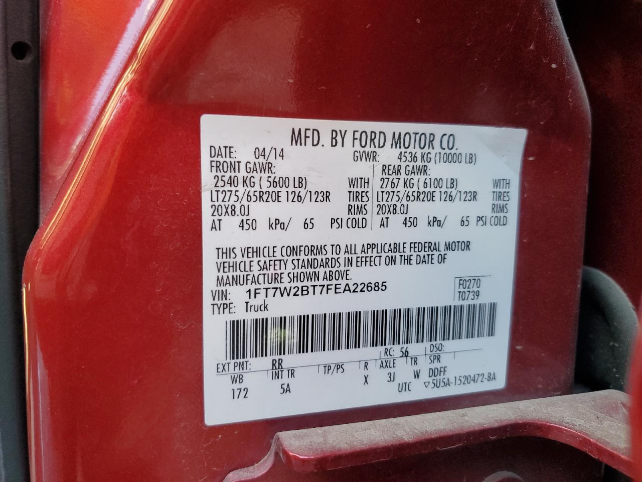 2015 Ford F250 Super Duty VIN: 1FT7W2BT7FEA22685 Lot: 85507465