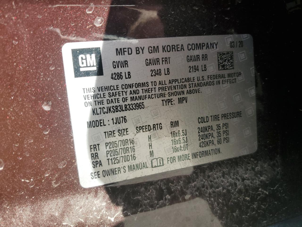 2020 Chevrolet Trax Ls VIN: KL7CJKSB3LB333965 Lot: 87038375