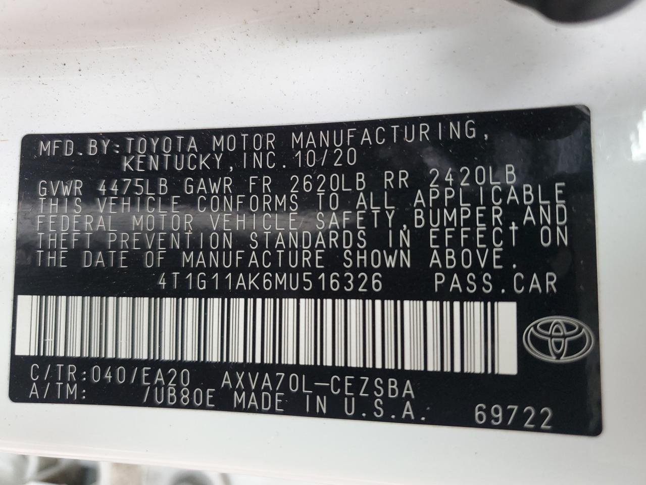 2021 Toyota Camry Se VIN: 4T1G11AK6MU516326 Lot: 84809355